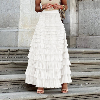 High-Waist Mesh Cake Skirt, Elegant Solid Color Fluffy Long Skirt