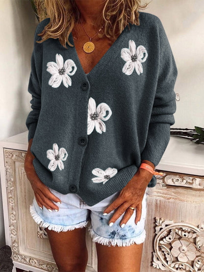 Women's Floral Embroidered V-Neck Button Cardigan Sweater