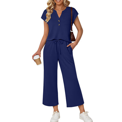 Button Front Short Sleeve Top and Wide Leg Pants Set