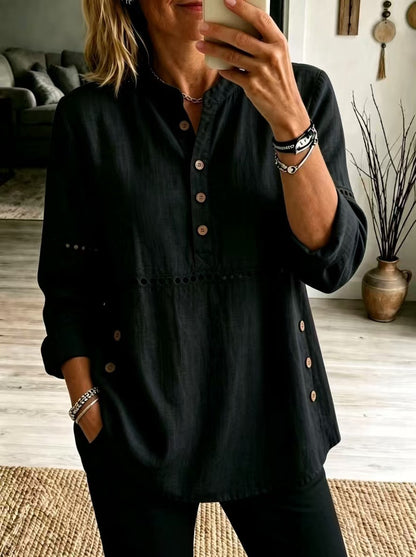 Women Cotton Eyelet Tunic Long Sleeve Side Button Loose Top