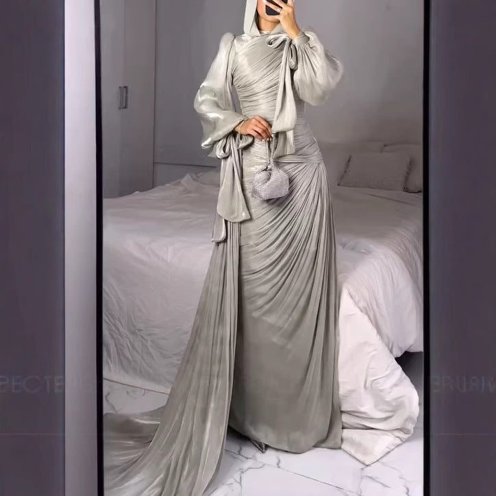 Elegant Ruched Long Sleeve Maxi Dress Evening Gown