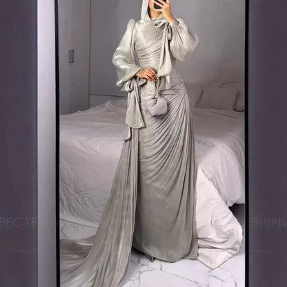 Elegant Ruched Long Sleeve Maxi Dress Evening Gown
