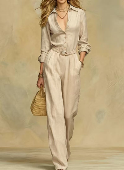 Women's Button Down Belted Wide Leg Jumpsuit