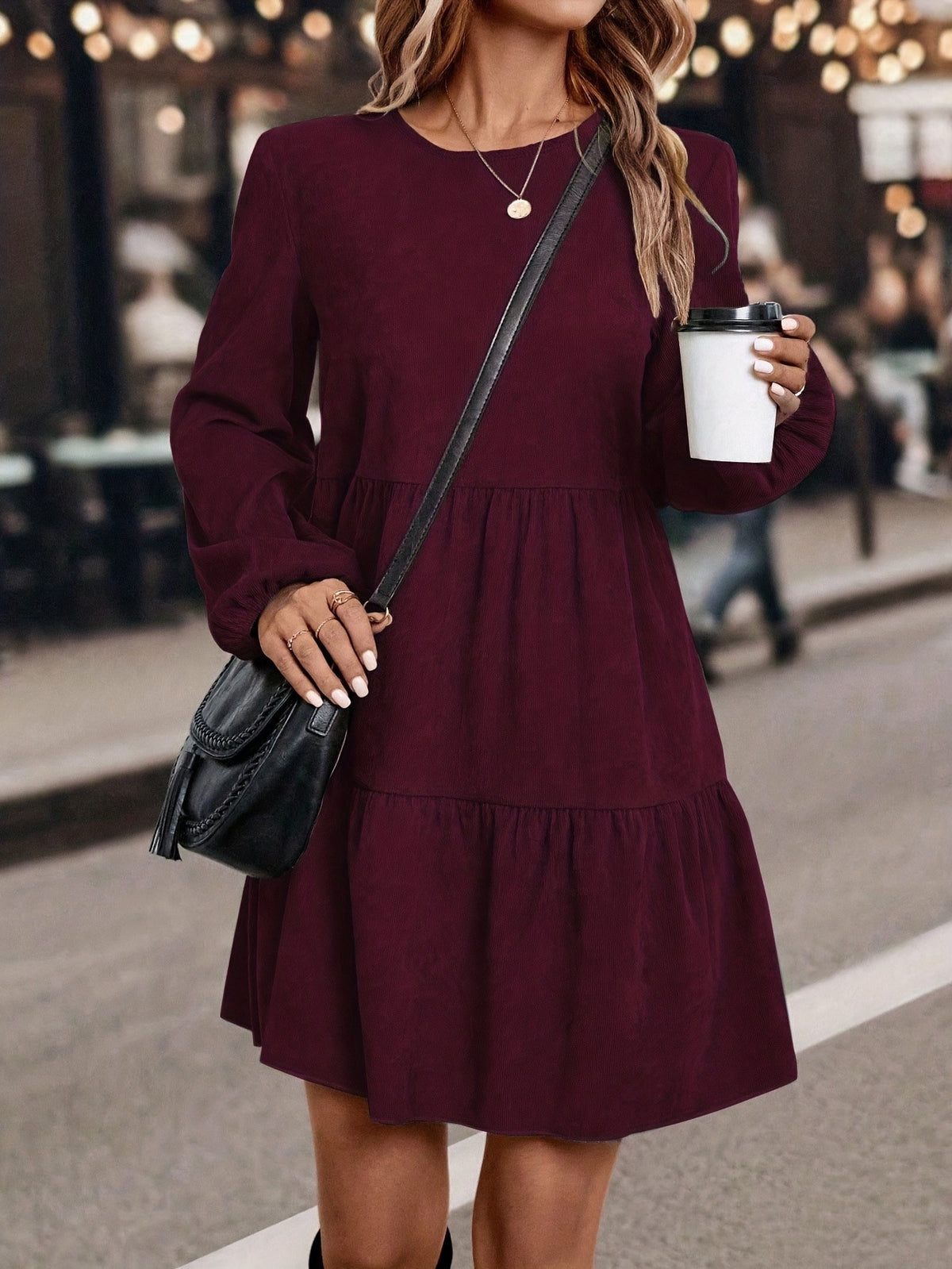 Women's Corduroy Long Sleeve Tiered Fall Casual Midi Dress