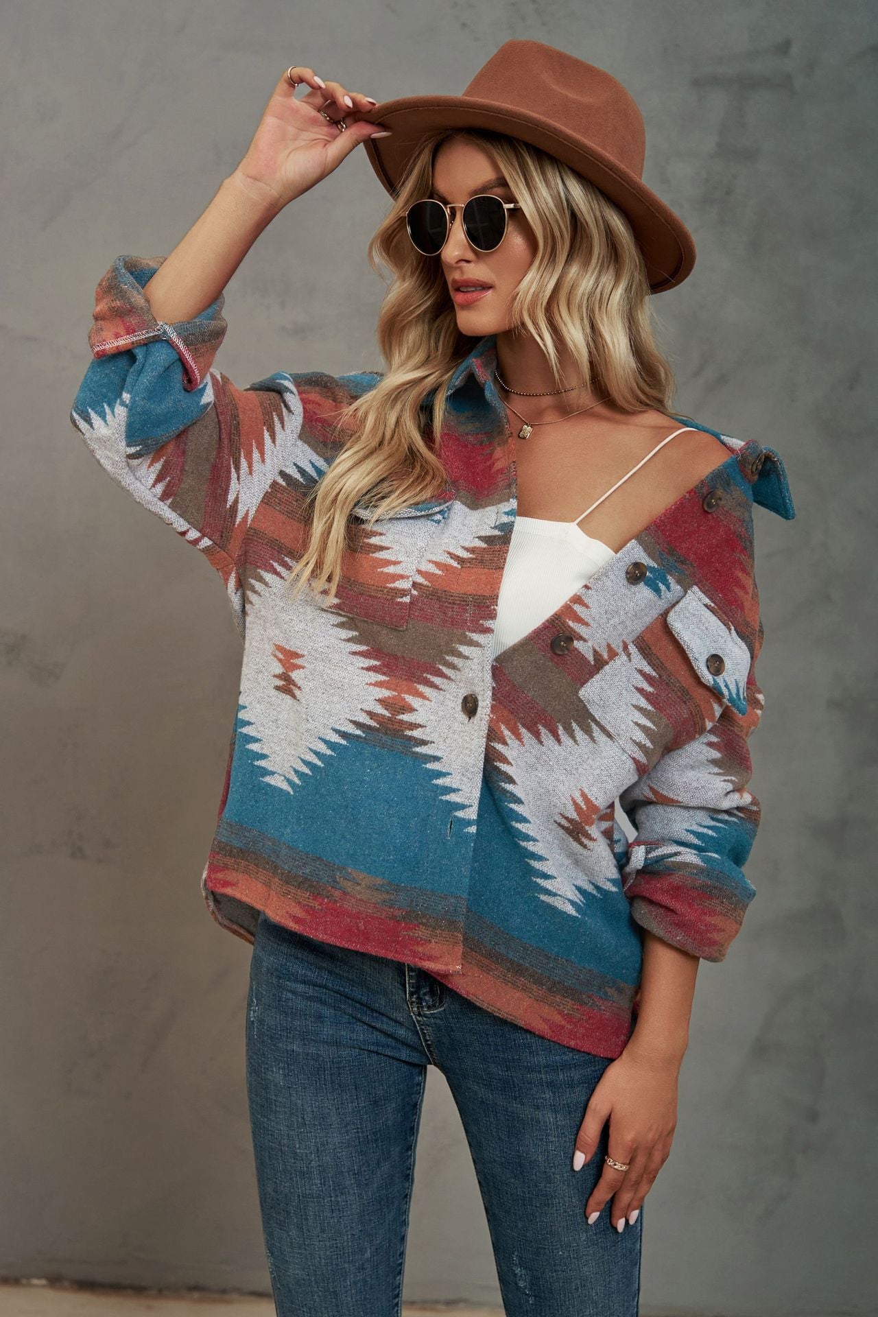 Women's Aztec Shacket Oversized Button Front Jacket