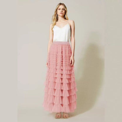 High-Waist Mesh Cake Skirt, Elegant Solid Color Fluffy Long Skirt