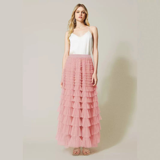 High-Waist Mesh Cake Skirt, Elegant Solid Color Fluffy Long Skirt