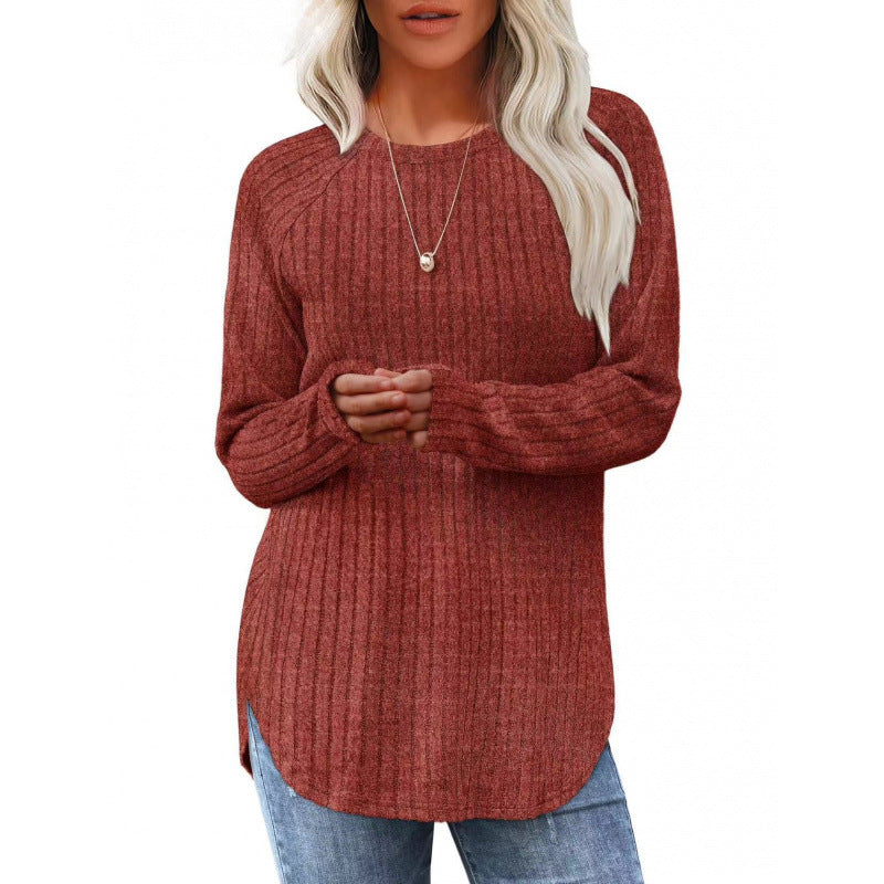 Women's Brushed Rib Long Sleeve Crew Neck Curved Hem Top