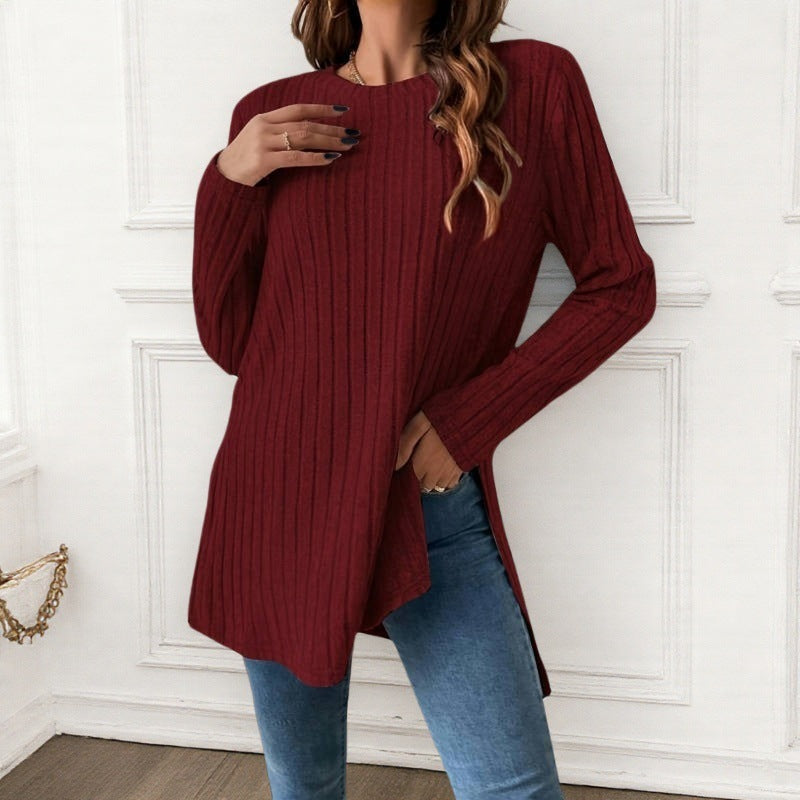 Women's Ribbed Long Sleeve Crew Neck Tunic Top Side Slit
