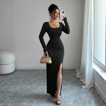 Square Neck Ruched Bodycon Maxi Dress with Side Slit
