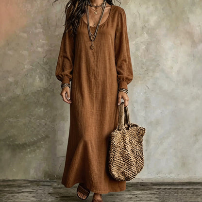 Women's Boho Long Sleeve U-Neck Maxi Dress Loose Solid