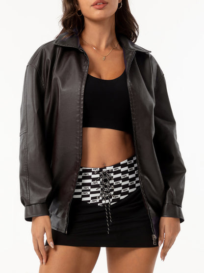 Womens Oversized Faux Leather Jacket Zip Up Casual
