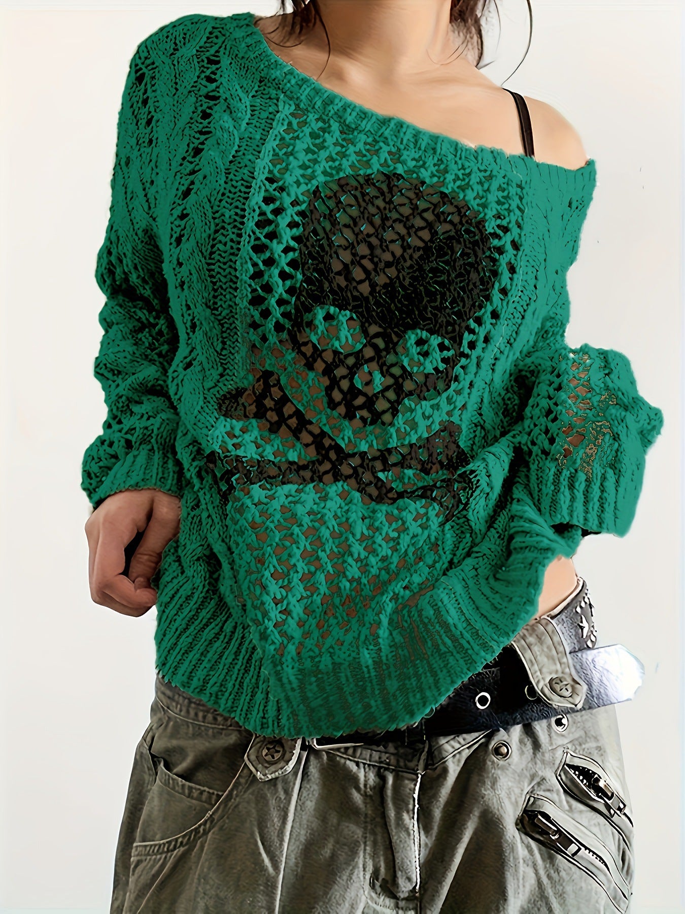 Y2K Gothic Skull Open Knit Oversized Sweater