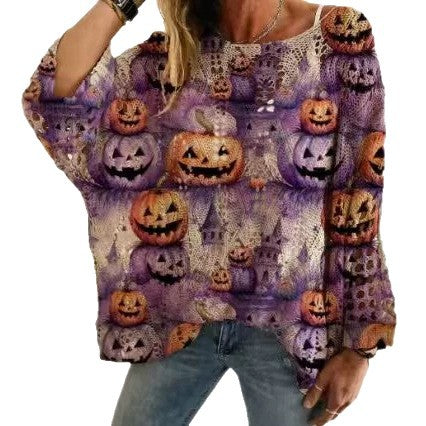Off Shoulder Crochet Halloween Pumpkin Bat Sweater