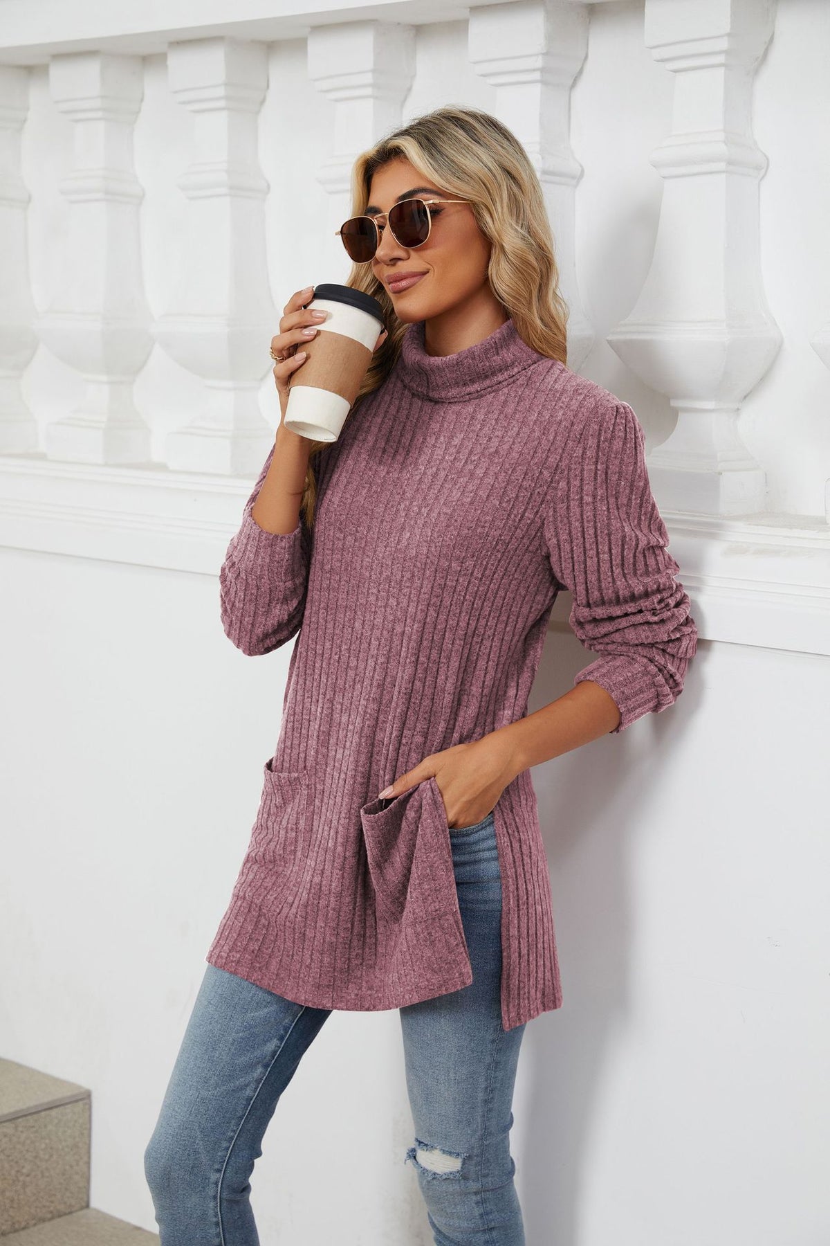 Women's Ribbed Mock Neck Long Sleeve Tunic with Pockets