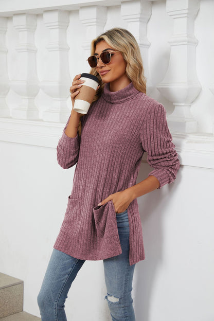 Women's Ribbed Mock Neck Long Sleeve Tunic with Pockets