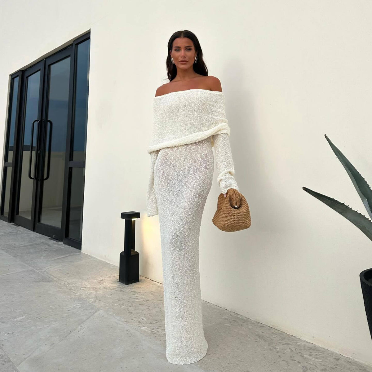 Sexy Off Shoulder Knit Maxi Dress Backless Long Sleeve