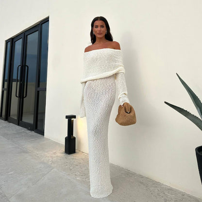 Sexy Off Shoulder Knit Maxi Dress Backless Long Sleeve