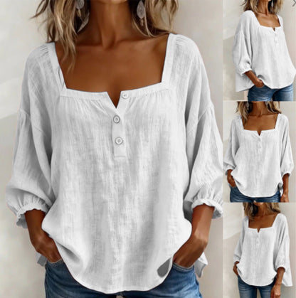 Women's Square Neck Puff Sleeve Button Loose Blouse Top