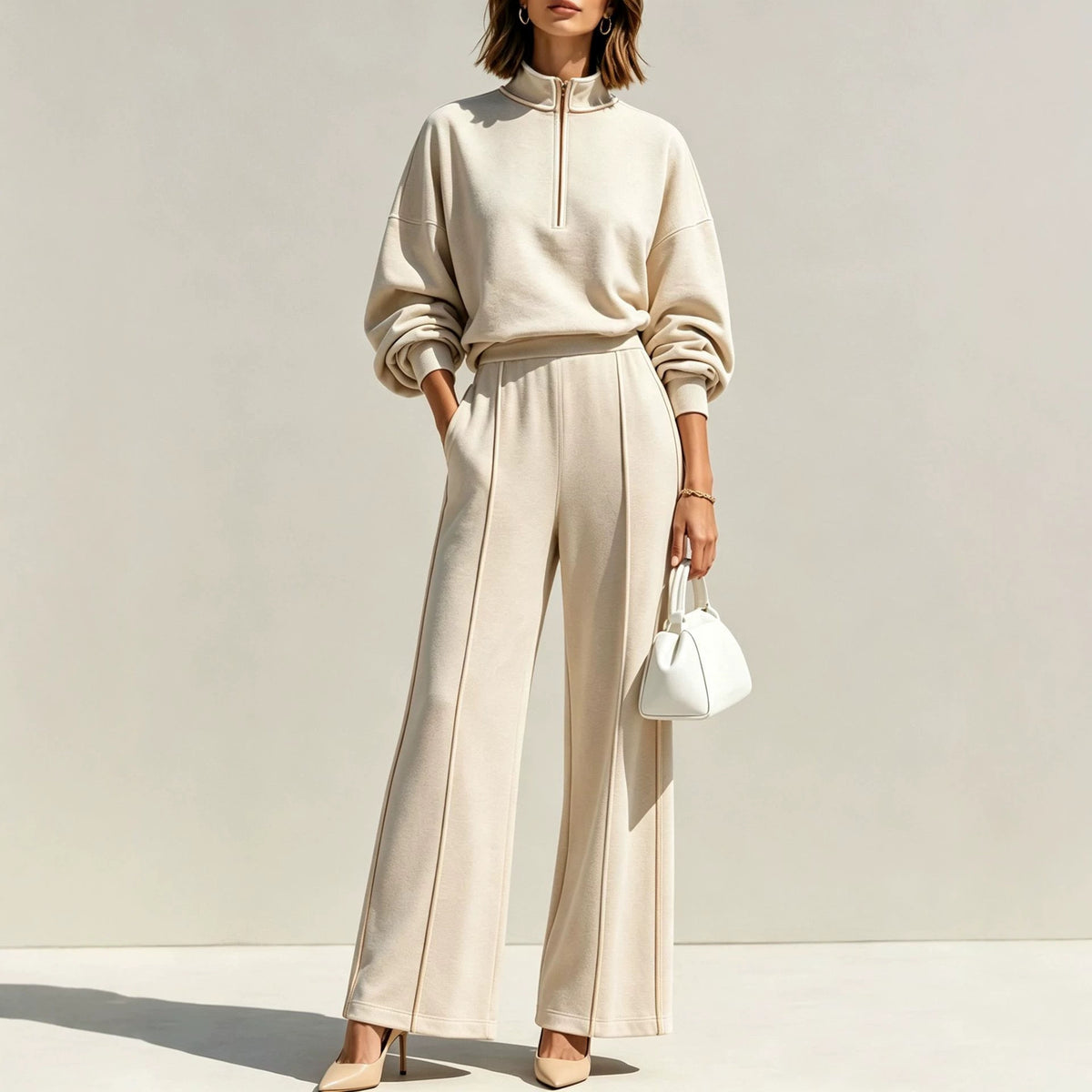Women's Half Zip Sweatshirt Wide Leg Pants Matching Set