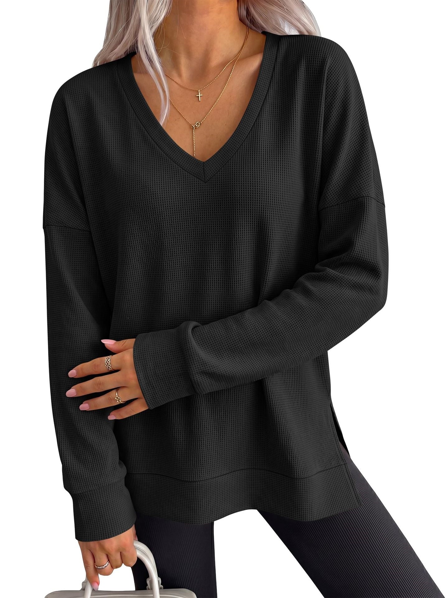 Waffle Knit Top V Neck Side Slit Relaxed Fit