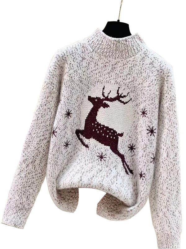 Women's Chenille Reindeer Christmas Mock Neck Sweater