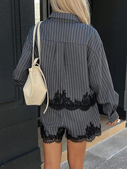 Lace Trim Striped Shirt & Drawstring Shorts Set