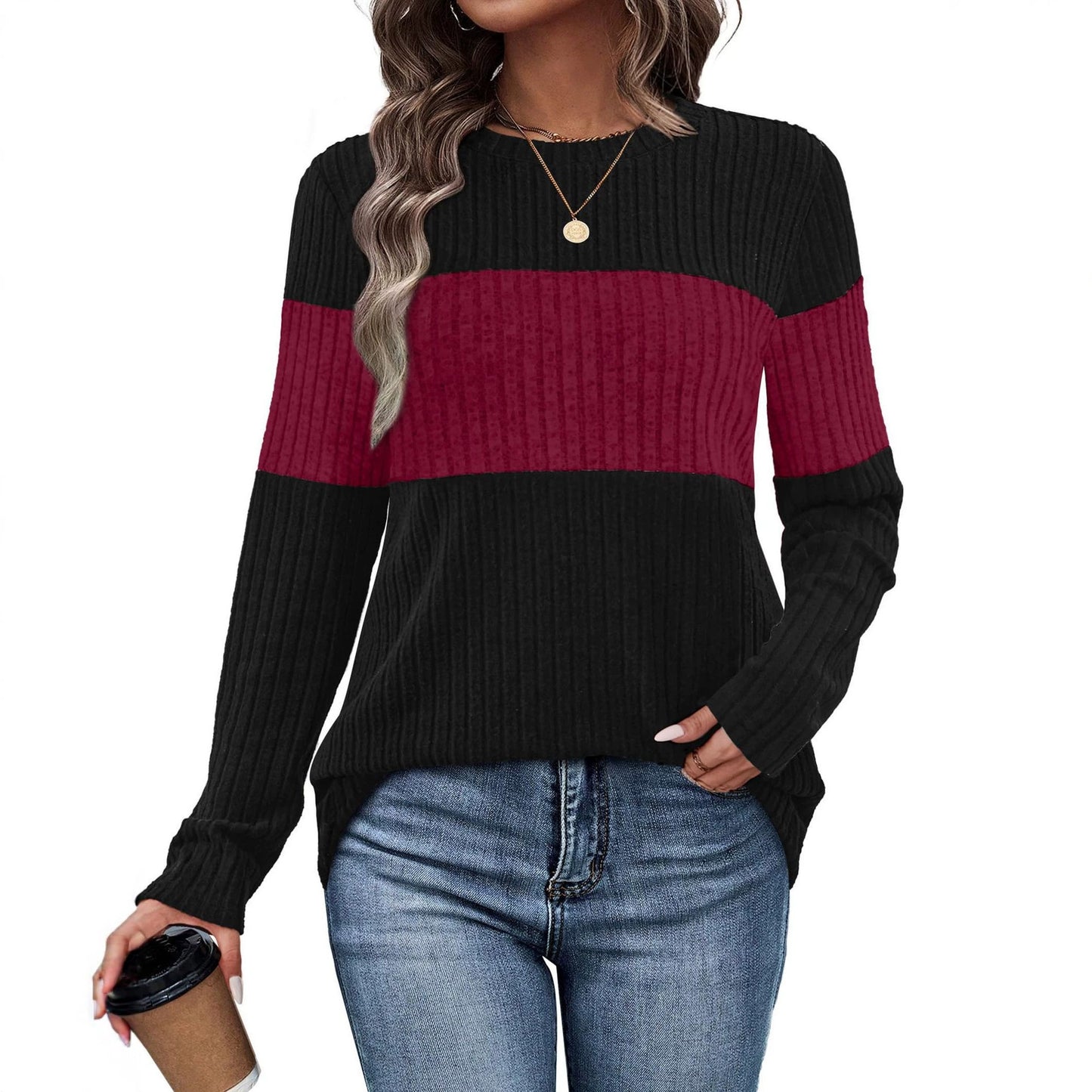 Women's Color Block Ribbed Knit Pullover Sweater
