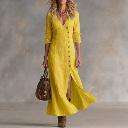 Women's Linen V-Neck Button Front Maxi Dress Slit