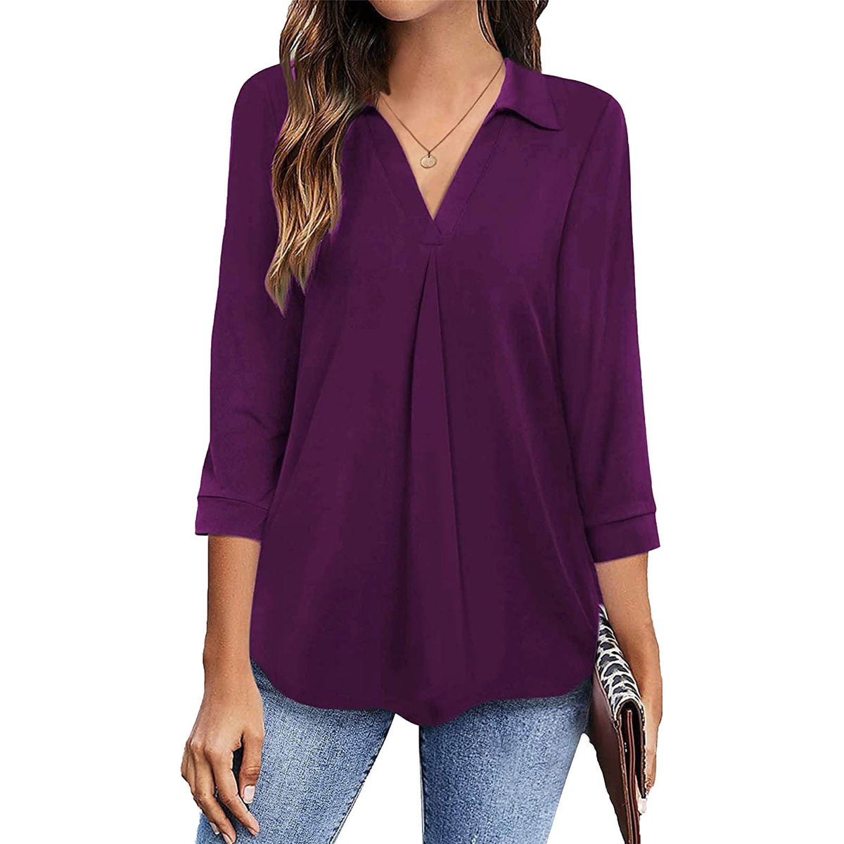 Women's V Neck Chiffon Blouse 3/4 Sleeve Pleated Top