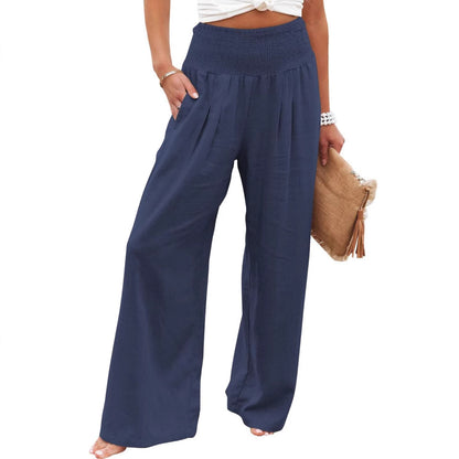 Women's Smocked High Waist Wide Leg Cotton Pants Pockets