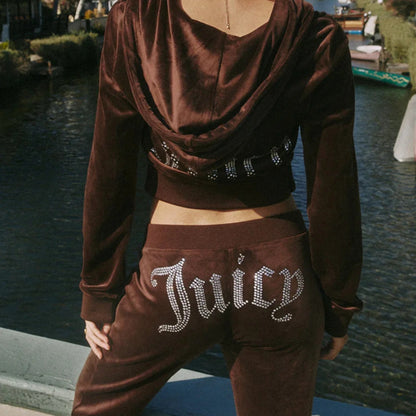 Women's Rhinestone Velour Tracksuit Hoodie & Pants Set