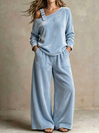 Women's Velvet One Shoulder Two Piece Set Wide Leg Pants
