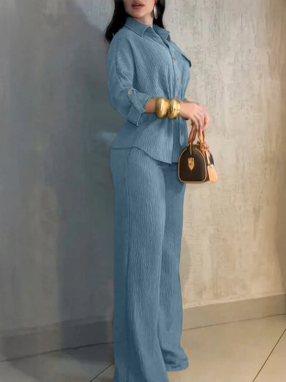 Women's Collared Button Down Shirt Wide Leg Pants 2PC Set