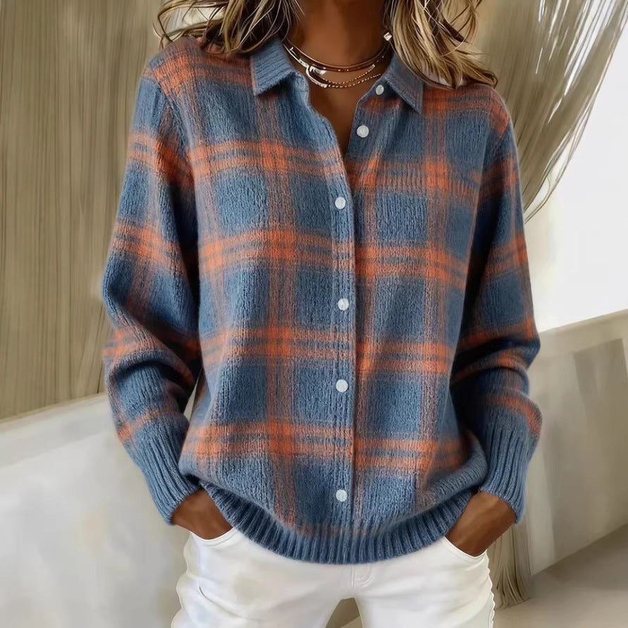 Women's Oversized Plaid Collared Cardigan Sweater