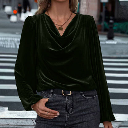 Women's Velvet Cowl Neck Long Sleeve Blouse