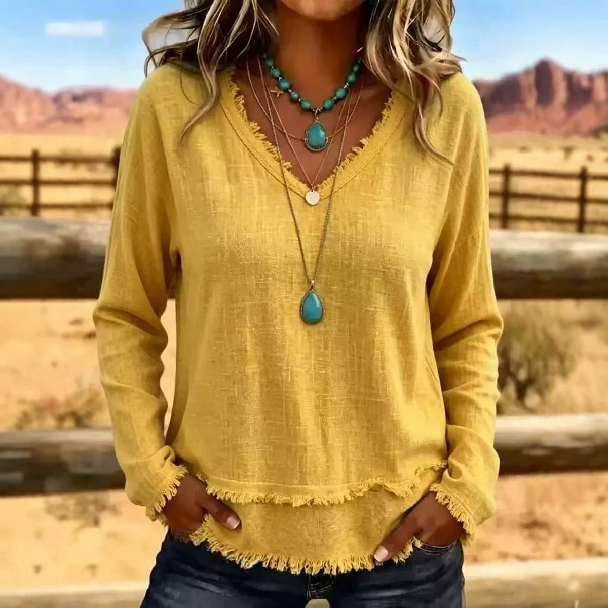 Women's Oversized V Neck Frayed Hem Long Sleeve Top