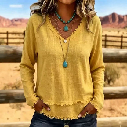 Women's Oversized V Neck Frayed Hem Long Sleeve Top