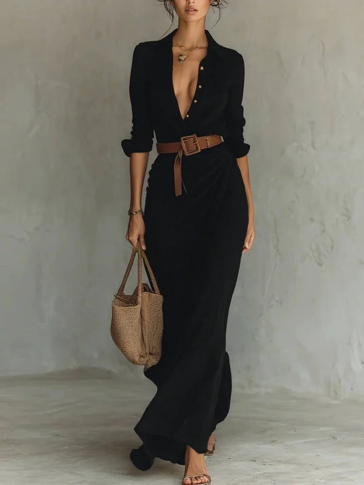 Elegant Ruched Belted Long Sleeve Asymmetric Maxi Dress