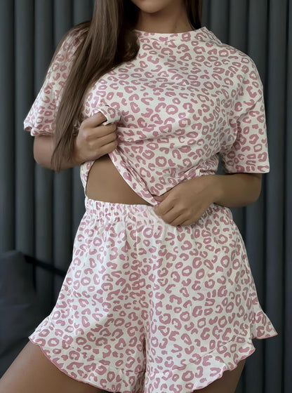 Leopard Print Pajama Set Ruffle Shorts Lounge Set