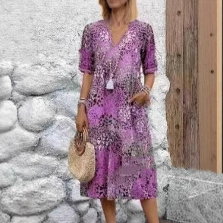 Women's Boho V-Neck Short Sleeve Maxi Dress with Pockets