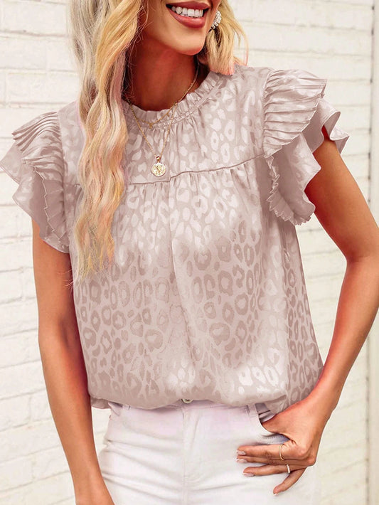 Beige Textured Ruffle Sleeve Blouse Chic Summer Top