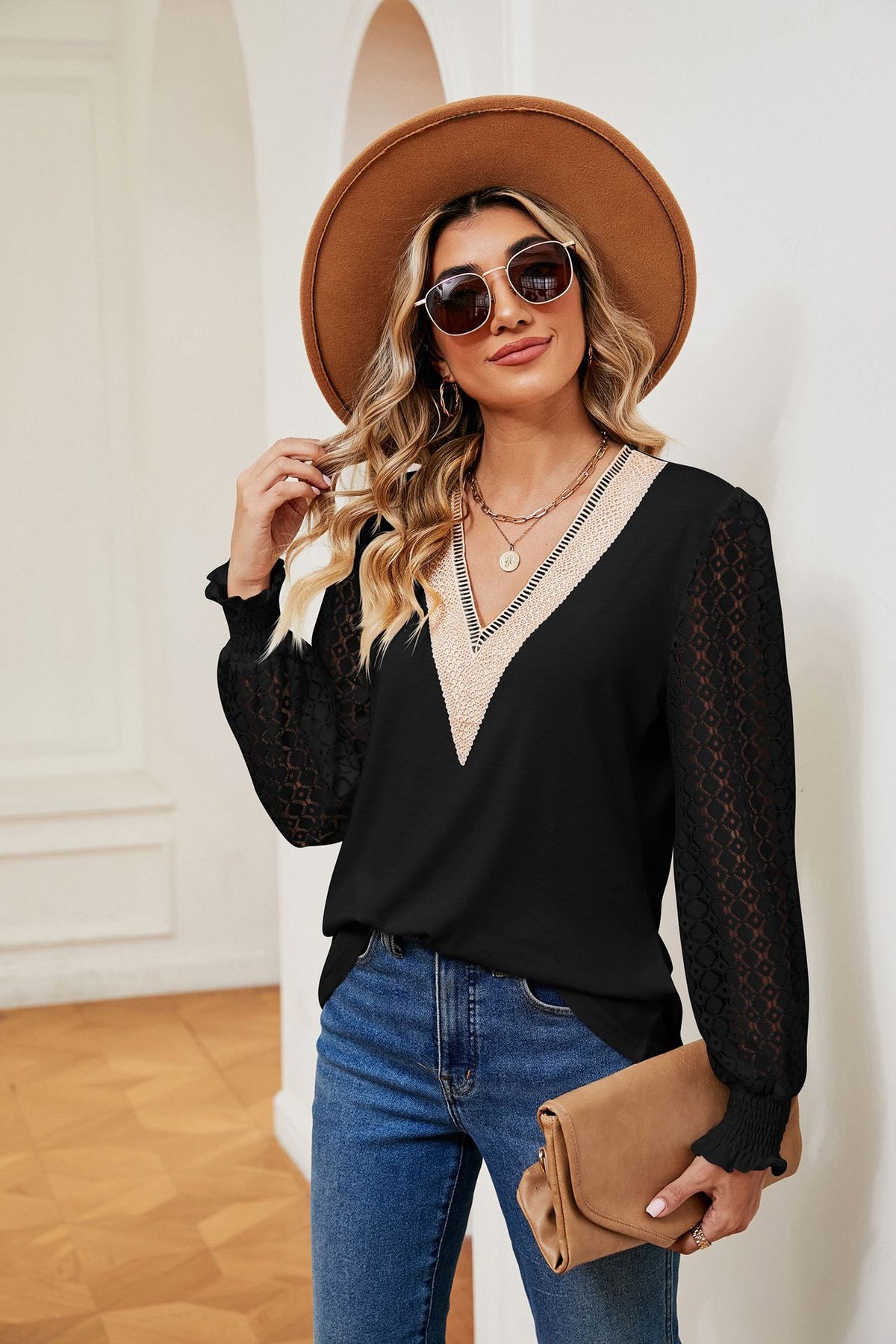 V-Neck Lace Long Sleeve Loose Fit Tunic Top
