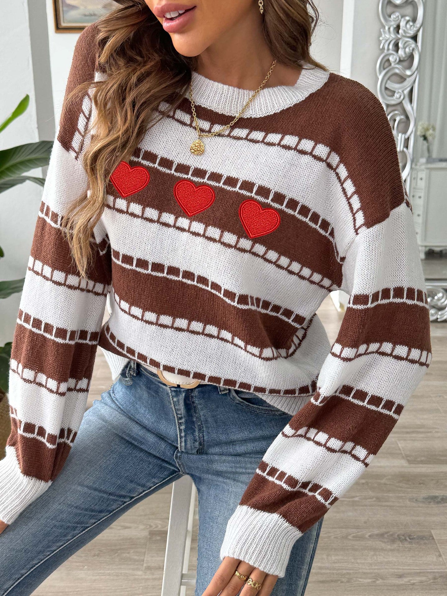 Colorblock Striped Sweater | Embroidered Heart Patch Design