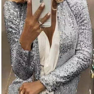 Women's Sequin Cropped Zip-Up Jacket Party Blazer