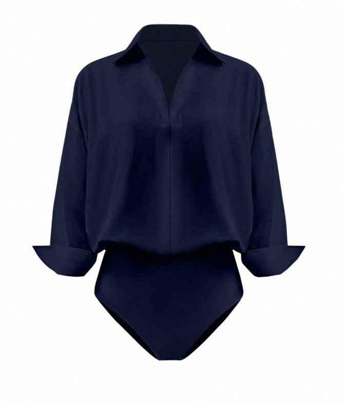 Women's V Neck Collared Business Casual Blouse Long Sleeve