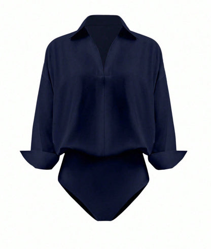 Women's V Neck Collared Business Casual Blouse Long Sleeve