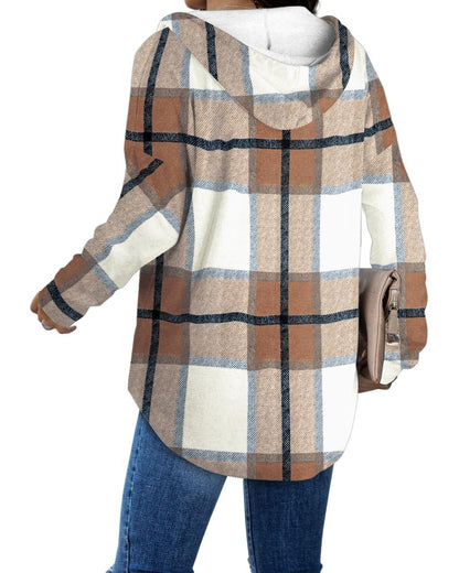 Women's Plaid Fleece V-Neck Hoodie Pullover