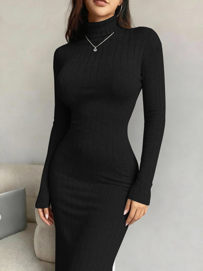 Ribbed Turtleneck Long Sleeve Bodycon Maxi Dress