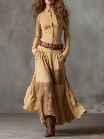 Suede Plaid Patchwork Maxi Dress Belted Pockets